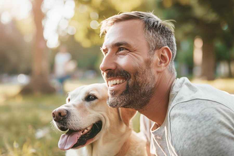 Tierhalterhaftpflicht: Ein junger Mann lacht, weil sein Hund ihm das Gesicht ableckt.